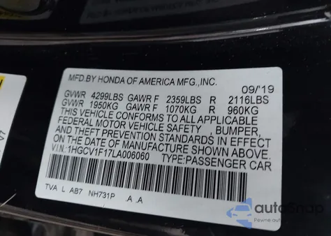 2020 Honda Accord Lx из США, поврежденный, VIN 1HGCV1F17LA006060